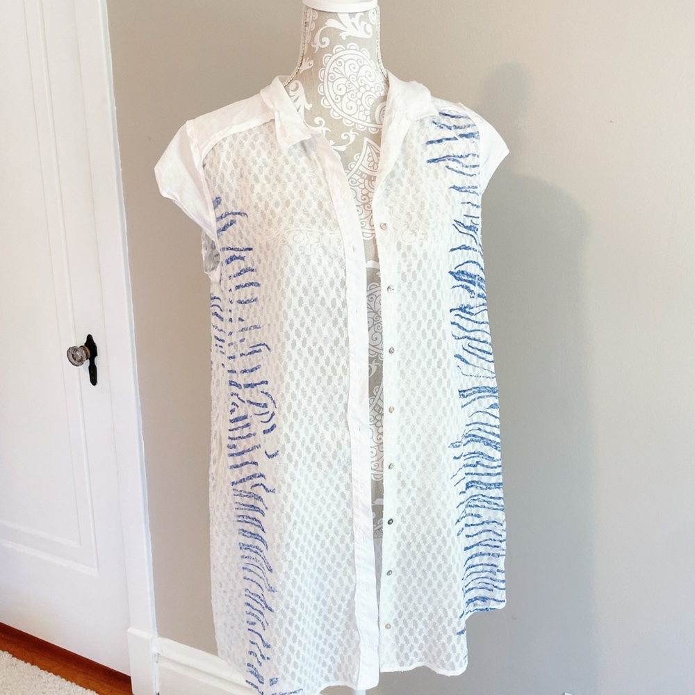 Cotlac White Embroidered Button-Down Blouse Size … - image 1